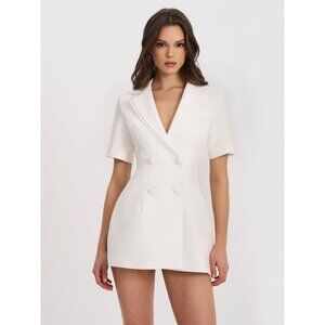 Madelina White Double Breast Satin Trim Blazer Dress
